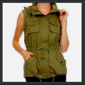 Fashionomics Army Green Mockneck Utility Vest with Lining and Removable Hood- M